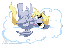 Size: 1430x1080 | Tagged: safe, artist:yokokinawa, derpy hooves, pegasus, pony, :p, cloud, cute, female, legs in air, looking at you, mare, on back, simple background, smiling, solo, spread wings, tongue out, transparent background