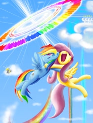 Size: 1200x1600 | Tagged: safe, artist:forevernyte, derpy hooves, fluttershy, rainbow dash, pegasus, pony, excited, female, flutterdash, happy, lesbian, mare, shipping, sonic rainboom