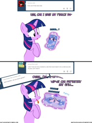 Size: 1050x1400 | Tagged: safe, artist:navitaserussirus, trixie, twilight sparkle, asktwixiegenies, blueberry, cake, comic, dialogue, female, food, i have no mouth and i must scream, imminent vore, inanimate tf, lesbian, muffled words, shipping, soda, transformation, twipred, twixie