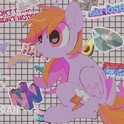 Size: 2048x2048 | Tagged: safe, artist:poneko-chan, rainbow dash, dolphin, pegasus, pony, abstract background, aesthetics, avocado, coca-cola, disc, eye clipping through hair, female, food, mare, nintendo 64, rainbow, retro, sitting, solo, windows, windows 95