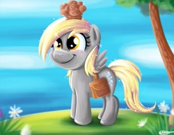 Size: 825x638 | Tagged: safe, artist:bunnimation, derpy hooves, pegasus, pony, filly, foal, food, muffin, saddle bag, smiling, solo, sparkling, younger