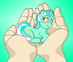 Size: 2557x2148 | Tagged: safe, artist:heartshielder1991, lyra heartstrings, human, pony, unicorn, colored pupils, green background, hand, holding a pony, in goliath's palm, micro, simple background, smiling, solo focus
