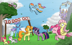 Size: 900x562 | Tagged: safe, artist:speccysy, apple bloom, carrot top, derpy hooves, fluttershy, golden harvest, owlowiscious, pinkie pie, rainbow dash, scootaloo, spike, sweetie belle, trixie, twilight sparkle, dragon, pegasus, pony, female, mare
