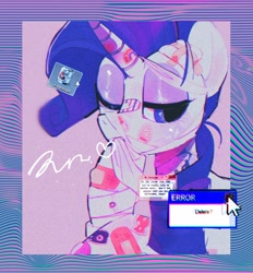 Size: 1902x2048 | Tagged: safe, artist:poneko-chan, rarity, pony, unicorn, aesthetics, bandage, candy, female, food, heart, ice cream, injured, one eye closed, rainbow, solo, stamp, telephone, vaporwave