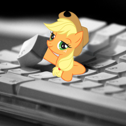 Size: 500x500 | Tagged: safe, applejack, earth pony, pony, applejack's hat, cowboy hat, cute, female, hat, i hid in your keyboard, jackabetes, keyboard, looking at you, mare, micro, smiling, solo