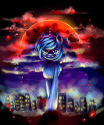 Size: 2500x3000 | Tagged: safe, artist:aquagalaxy, princess luna, alicorn, pony, city, destruction, light pollution, macro, solo