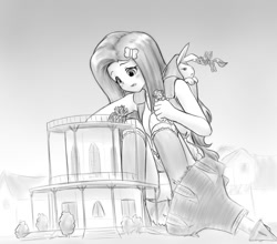 Size: 896x788 | Tagged: safe, artist:alloyrabbit, angel bunny, applejack, fluttershy, rainbow dash, twilight sparkle, twilight sparkle (alicorn), equestria girls, clothes, giantess, gray background, grayscale, humanized, macro, monochrome, panties, ponyville town hall, simple background, skirt, town hall, underwear, upskirt