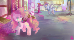 Size: 1100x600 | Tagged: safe, artist:nyanamo, derpy hooves, pinkie pie, pegasus, pony, female, mare