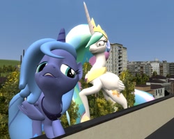 Size: 1280x1024 | Tagged: safe, artist:burnokero, princess celestia, princess luna, alicorn, pony, 3d, city, filly, gmod, macro, princess molestia, s1 luna, tree, woona