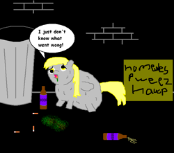 Size: 702x621 | Tagged: safe, artist:ponyflea, derpy hooves, fluffy pony, pegasus, pony, 1000 hours in ms paint, beer, cigarette, female, fluffy derpy, fluffy pony original art, homeless, mare, vomit