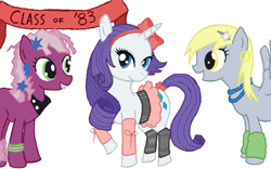 Size: 800x500 | Tagged: safe, cheerilee, derpy hooves, rarity, pony, unicorn, 80s, 80s cheerilee, leg warmers, teenager, younger