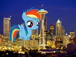 Size: 1600x1200 | Tagged: dead source, safe, artist:errorboy6090, rainbow dash, pegasus, pony, blank flank, building, city, female, filly, filly rainbow dash, giant pony, giantess, highrise ponies, macro, night, request, seattle, skyline, solo, space needle, tower, younger