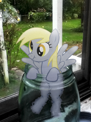 Size: 500x667 | Tagged: safe, artist:diablo, derpy hooves, pegasus, pony, female, irl, jar, mare, micro, photo, ponies in real life, scrunchy face, solo