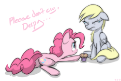 Size: 1000x671 | Tagged: safe, artist:twiddlechimp, derpy hooves, pinkie pie, pegasus, pony, crying, female, mare, muffin