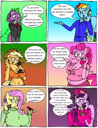 Size: 2520x3288 | Tagged: safe, artist:americananomaly, applejack, fluttershy, pinkie pie, rainbow dash, rarity, spike, trixie, twilight sparkle, twilight sparkle (alicorn), alicorn, anthro, dragon, anthroquestria, applerack, bbw, belly button, big breasts, breasts, chubby, cleavage, clothes, comic, fat, female, hat, high res, hootershy, immortality blues, implied, lesbian, midriff, muffin top, phone, pinkie pies, pudgy pie, rarixie, shipping, short shirt, sweater, sweatershy, uniform