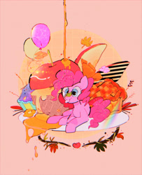 Size: 2048x2520 | Tagged: safe, artist:poneko-chan, pinkie pie, earth pony, pony, :p, abstract background, apple, balloon, cupcake, cute, diapinkes, female, flower, food, heart, high res, honey, leaf, mare, pie, pixiv, ponies in food, prone, solo, tongue out