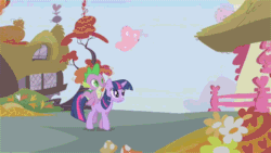 Size: 480x270 | Tagged: safe, artist:superedit, edit, edited screencap, screencap, spike, twilight sparkle, unicorn twilight, butterfly, dragon, pony, unicorn, fall weather friends, animated, butterflies in stomach, chomp, dragons riding ponies, duo, eaten alive, eating, female, gif, male, mare, nom, omnivore twilight, predation, raised hoof, riding, smiling, soft vore, talking, the great and powerful superedit, twipred, vore, walking