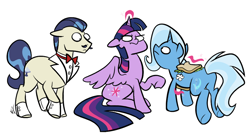 Size: 1000x548 | Tagged: safe, artist:egophiliac, horte cuisine, savoir fare, trixie, twilight sparkle, twilight sparkle (alicorn), alicorn, earth pony, pony, unicorn, daisy sandwich, female, glowing horn, horn, imminent vore, inconvenient trixie, levitation, magic, magic aura, male, mare, sandwich, stallion, telekinesis, tumblr, tumblr:inconvenient trixie, twilight is not amused, twipred, unamused, woonoggles