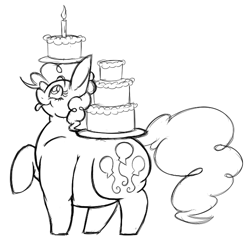 Size: 631x609 | Tagged: safe, artist:snickerdoodle-mod, pinkie pie, earth pony, pony, cake, carrying, fat, female, food, monochrome, profile, pudgy pie, simple background, sketch, smiling, solo, tongue out, white background