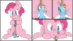 Size: 795x445 | Tagged: safe, pinkie pie, rainbow dash, earth pony, pegasus, pony, comic, foodplay, imminent vore, implied vore, licking lips, macro, micro