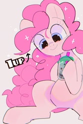 Size: 1821x2732 | Tagged: safe, artist:poneko-chan, pinkie pie, earth pony, pony, 1up, bubble tea, cute, diapinkes, female, hoof hold, mare, pixiv, sitting, smiling, solo, straw