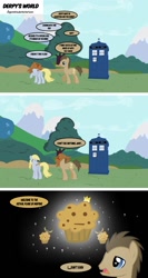 Size: 800x1500 | Tagged: safe, artist:sociox, derpy hooves, doctor whooves, earth pony, pegasus, pony, box, comic, doctor who, female, male, mare, muffin, no more ponies at source, stallion, tardis
