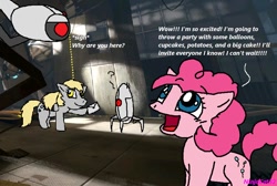 Size: 862x580 | Tagged: artist needed, source needed, safe, derpy hooves, pinkie pie, pegasus, pony, crossover, female, glados, mare, portal (valve)