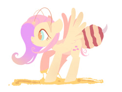 Size: 1201x901 | Tagged: safe, artist:poneko-chan, fluttershy, bee, insect, pegasus, pony, animal costume, bee costume, clothes, colored pupils, costume, cute, female, flutterbee, food, honey, mare, pixiv, profile, shyabetes, simple background, solo, spread wings, white background, wings