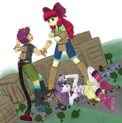 Size: 1222x1225 | Tagged: safe, artist:alloyrabbit, artist:hgrobo, apple bloom, scootaloo, sweetie belle, kaiju, equestria girls, boots, building, camera, car, cardboard, city, clothes, cutie mark crusaders, jeans, macro, pants, shoes, skirt