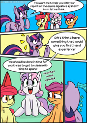 Size: 1120x1579 | Tagged: safe, artist:shrabby, apple bloom, scootaloo, sweetie belle, twilight sparkle, twilight sparkle (alicorn), alicorn, comic, cutie mark crusaders, dialogue, imminent vore, patreon, patreon logo, potion, questionable source, twipred, varying degrees of want