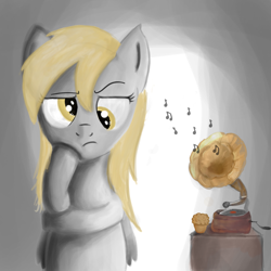 Size: 3000x3000 | Tagged: safe, artist:teknibaal, derpy hooves, pegasus, pony, bust, female, free form jazz, gramophone, grandma's kisses, high res, hoof on chin, mare, raised eyebrow, solo, spongebob squarepants