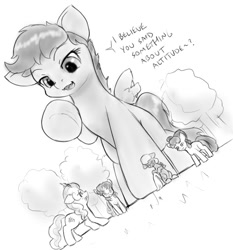 Size: 816x874 | Tagged: safe, artist:alloyrabbit, apple bloom, diamond tiara, scootaloo, silver spoon, sweetie belle, earth pony, pegasus, pony, unicorn, attack on pony, attack on titan, cutie mark crusaders, fangs, giant pony, giant scootaloo, macro, monochrome