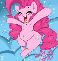 Size: 2000x2100 | Tagged: safe, artist:aer0 zer0, pinkie pie, earth pony, pony, armpits, belly button, blushing, chest fluff, chubby, cute, diapinkes, eyes closed, fat, jumping, pinkie pie day, plump, ponk, pudgy pie, solo