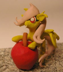 Size: 1601x1801 | Tagged: safe, artist:vampairious-kun, fluttershy, bat pony, pony, bats!, apple, custom, fangs, figure, flutterbat, irl, micro, model, photo, plasticine, race swap, sculpture