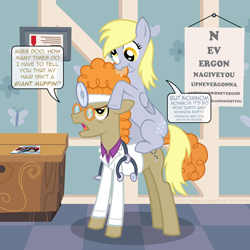 Size: 900x900 | Tagged: safe, artist:aha mccoy, derpy hooves, doctor muffin top, pegasus, pony, doctor, eye chart, female, head mirror, hippocrates, horse md, implied doctorderpy, mare, rick astley, rickroll