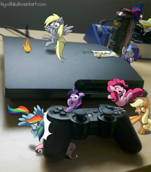 Size: 802x916 | Tagged: safe, artist:kiyoshiii, applejack, derpy hooves, fluttershy, pinkie pie, rainbow dash, rarity, twilight sparkle, earth pony, pegasus, pony, controller, female, irl, mare, photo, playstation, playstation 3, ponies in real life, video game