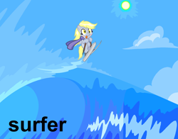 Size: 2024x1588 | Tagged: safe, artist:turbulosus, derpy hooves, pegasus, pony, clothes, female, mare, scarf, skis, solo, surfing, tongue out, water skiing, wave