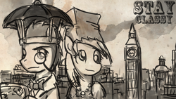 Size: 800x450 | Tagged: safe, artist:saturnspace, derpy hooves, doctor whooves, pegasus, pony, female, mare, monocle, umbrella