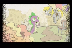 Size: 1800x1200 | Tagged: safe, artist:lentoto, derpy hooves, spike, dragon, pegasus, pony, female, mare