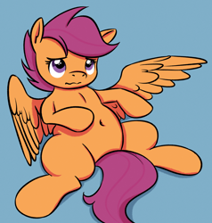 Size: 1280x1342 | Tagged: safe, artist:replacer808, scootaloo, pegasus, pony, belly button, chubby, cute, cutealoo, fat, female, filly, on back, pudgy, scootalard, simple background, solo