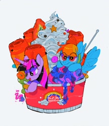 Size: 1753x2023 | Tagged: safe, artist:poneko-chan, rainbow dash, twilight sparkle, pegasus, pony, blueberry, cup, duo, food, ice cream, ponies in food, starry eyes, strawberry, wingding eyes