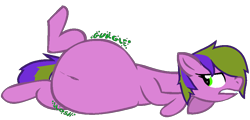 Size: 952x457 | Tagged: safe, artist:raziefim, oc, oc only, fat, female, lying, mare, on side, requested art, simple background, solo, stomach noise, stuffed, transparent background