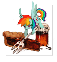 Size: 600x653 | Tagged: safe, artist:19ham, rainbow dash, pegasus, pony, drink, food, fork, micro, pie, solo