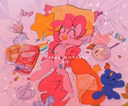 Size: 2048x1706 | Tagged: safe, artist:poneko-chan, pinkie pie, bear, earth pony, pony, ursa, ursa minor, batter, candy, cookie, cute, diapinkes, eyes closed, food, fork, happy birthday, heart, lollipop, open mouth, pancakes, pinkie pie's birthday, plate, plushie, solo