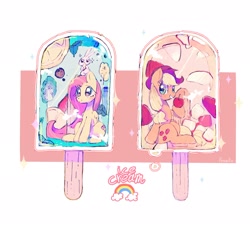 Size: 2048x1867 | Tagged: safe, artist:poneko-chan, angel bunny, applejack, fluttershy, earth pony, pegasus, pony, rabbit, animal, apple, apple slice, cute, food, ice cream, male, ponies in food, popsicle, sitting, smiling