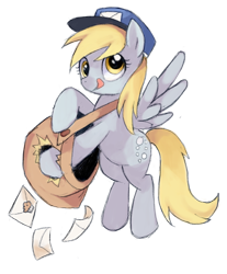 Size: 838x1011 | Tagged: dead source, safe, artist:suikuzu, derpy hooves, pegasus, pony, female, hat, mailbag, mare, solo