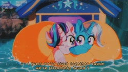 Size: 1200x682 | Tagged: safe, artist:poneko-chan, starlight glimmer, trixie, pony, unicorn, road to friendship, '90s, blushing, cheek squish, cheek to cheek, cute, diatrixes, duo, eye contact, female, friendshipping, ghastly gorge, glimmerbetes, i guess we're stuck together, inflatable, inflatable raft, looking at each other, mare, one eye closed, prone, raft, scene interpretation, shipping fuel, snuggling, squished, squishy cheeks, trixie's wagon, we're friendship bound