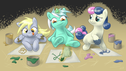 Size: 3840x2160 | Tagged: safe, artist:0riane0, bon bon, derpy hooves, lyra heartstrings, sweetie drops, pegasus, pony, clothes, female, gloves, high res, mare, paint, paint on fur