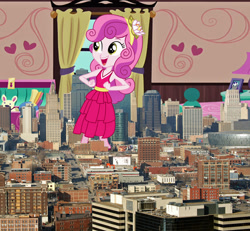 Size: 1400x1296 | Tagged: safe, sweetie belle, equestria girls, bedroom, building, car, city, clothes, dancing, dress, giantess, happy, heart, kansas city, macro, micro, road, solo, street
