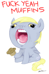 Size: 518x782 | Tagged: safe, artist:trips-ocho, derpy hooves, pegasus, pony, female, mare, muffin, that pony sure does love muffins, vulgar